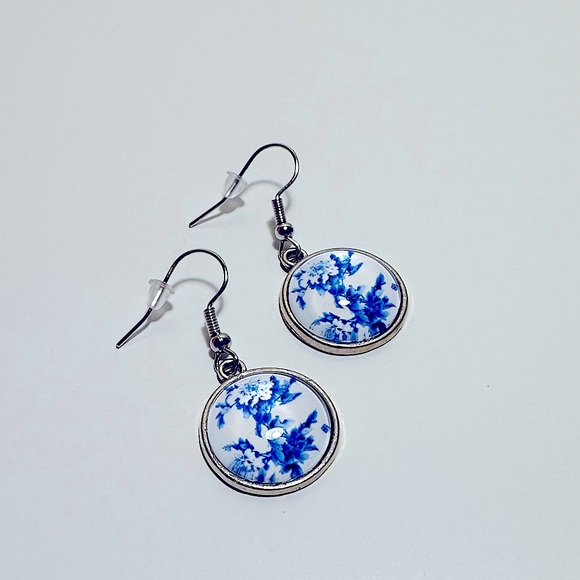 Handmade Glass Dome Hanging Drop Earrings | Blue & White Theme - Picture 2 of 8